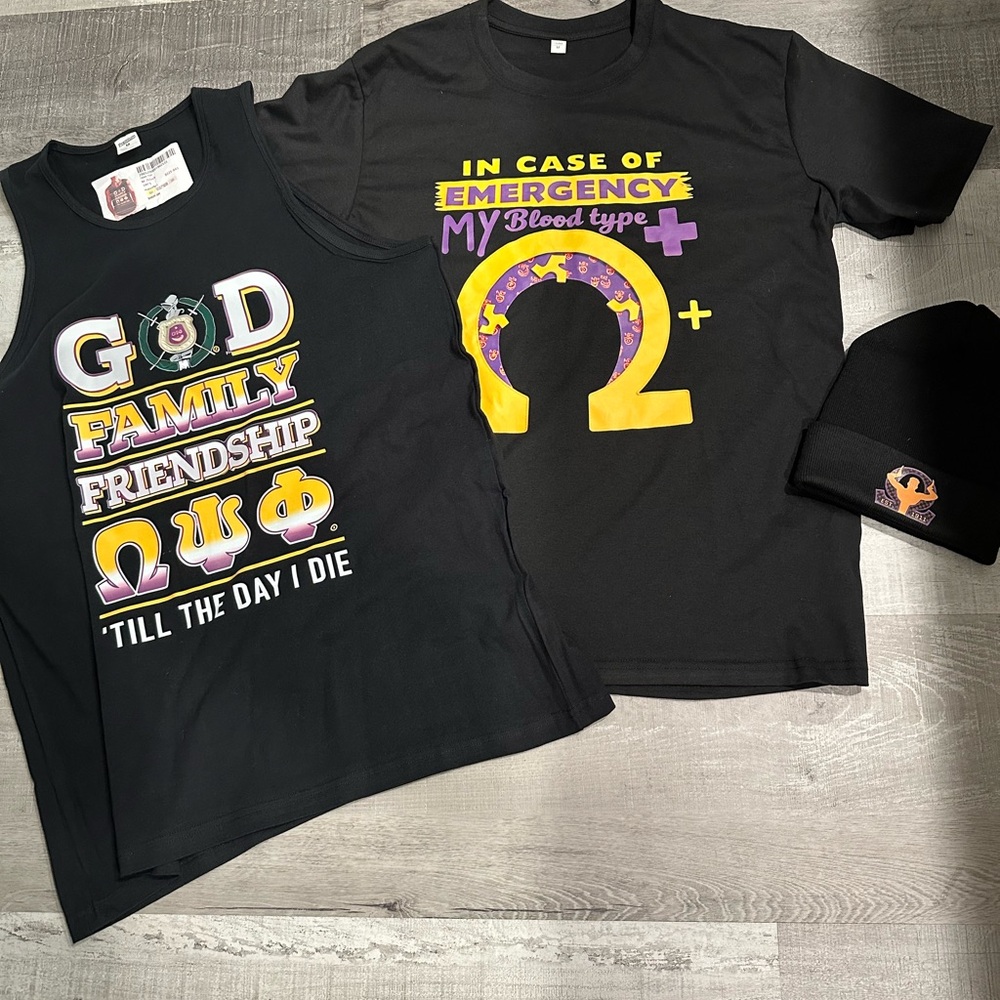Premier Designs medium Black Tee with gold  and Purple Omega Graphic